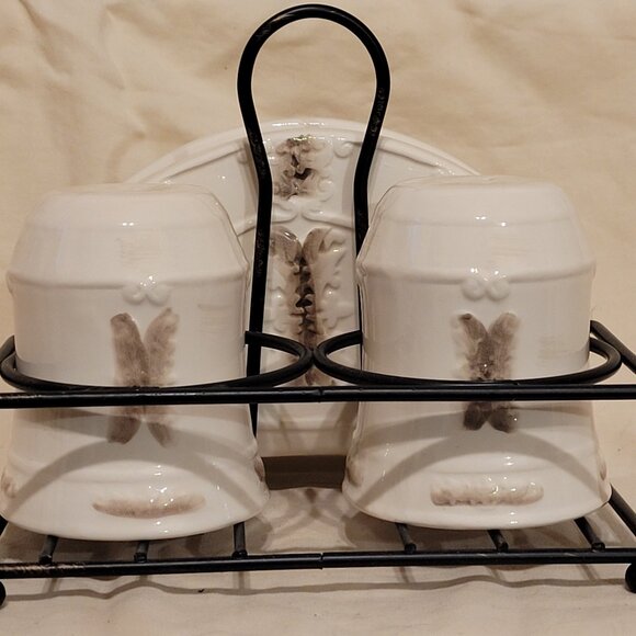 Ceramic Embossed Ivory & Brown AccentD’Lusso Salt & Pepper Shaker, Napkin Holder - Picture 1 of 10